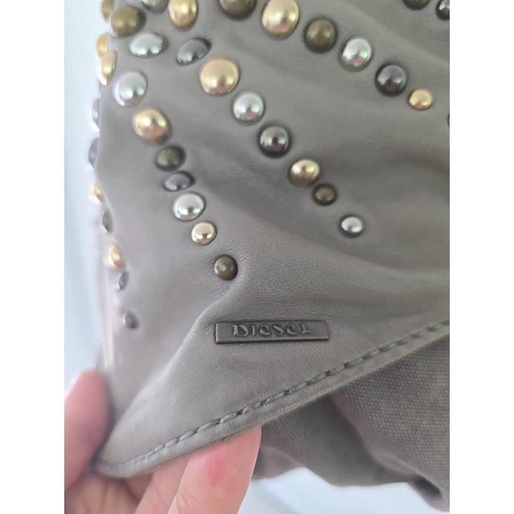 DIESEL Vintage Archive Studs Leather Cotton Shoulder Crossbody Bag Grey Y2K Rare - Picture 5 of 16